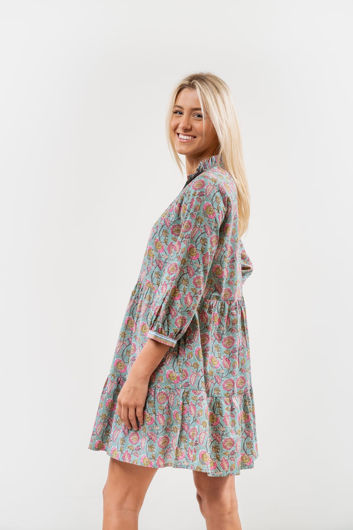 The Genevieve Cotton Block Print Dress in Pink and Green Floral — view 3