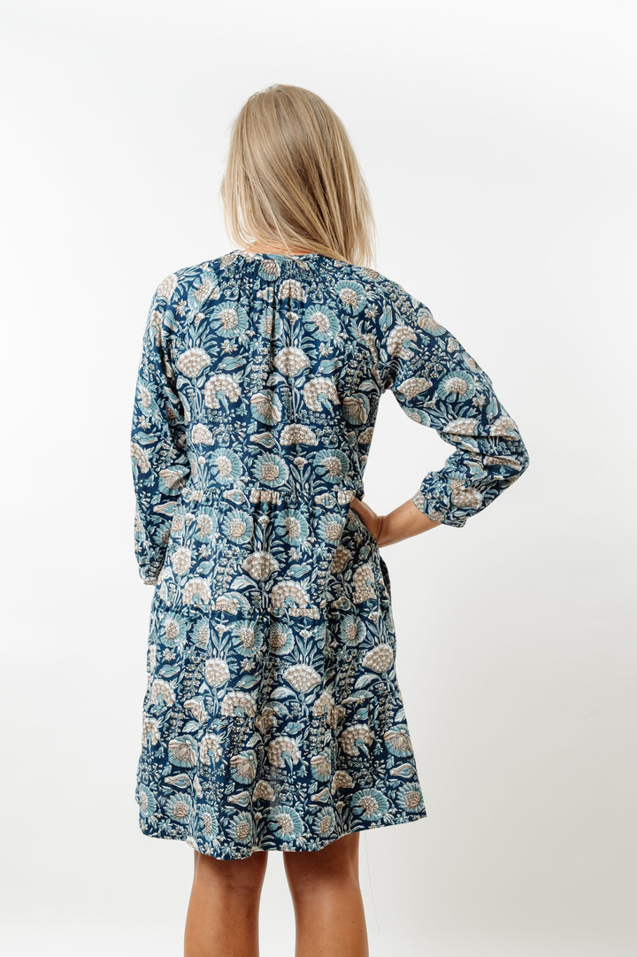 The Dahlia 3/4 Sleeve Block Print Cotton Dress in Navy and Beige Floral — view 2