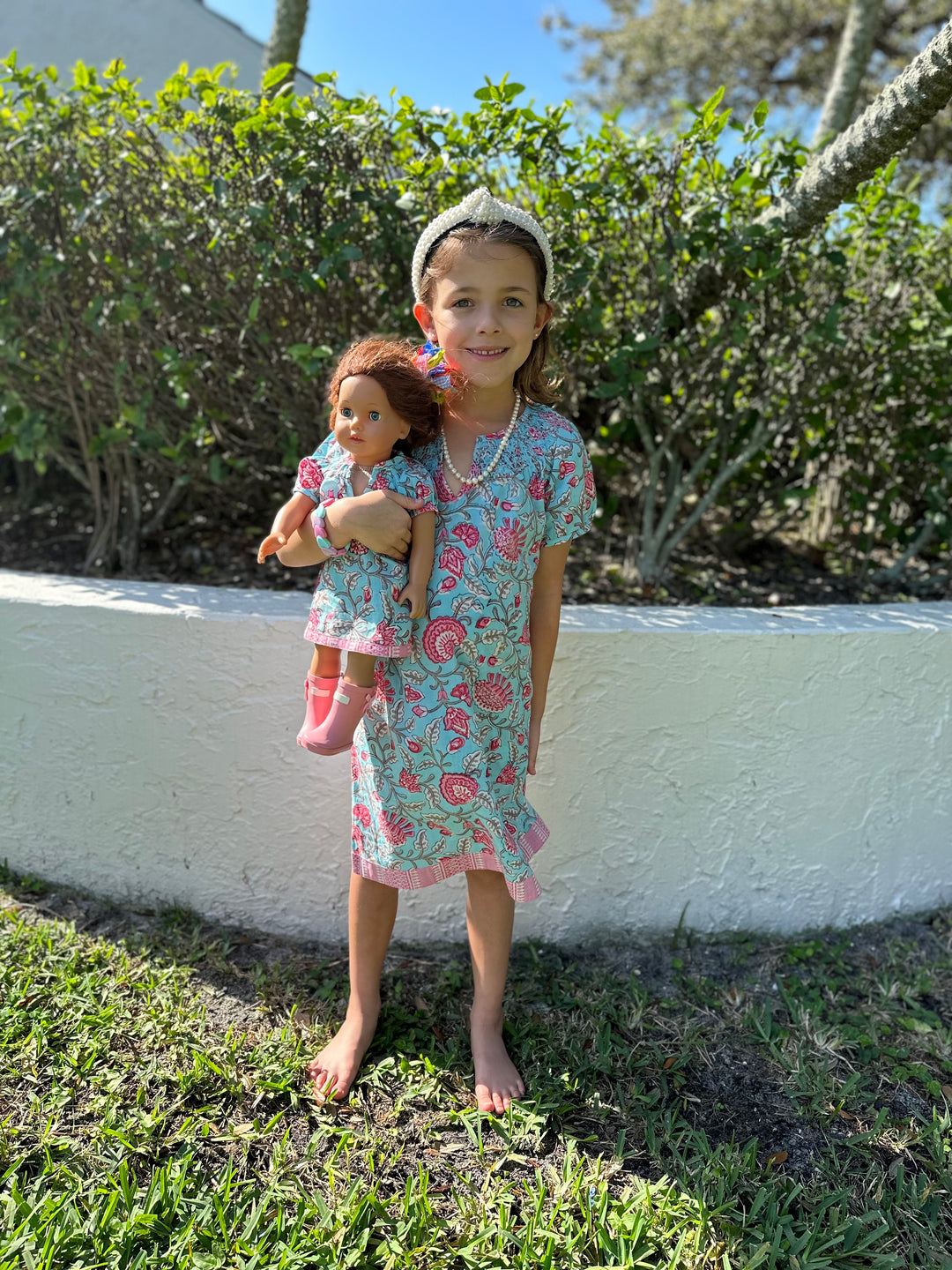 The Michelle Dress for Girls in Turquoise and Pink Block Print Cotton — view 3