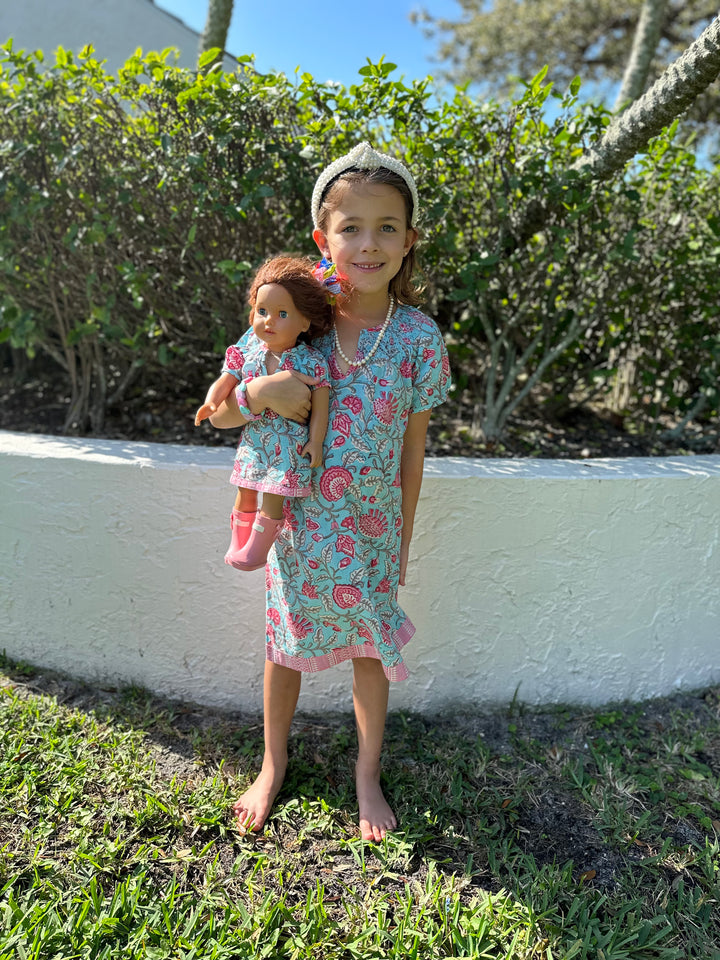The Michelle Dress for Girls in Turquoise and Pink Block Print Cotton — view 3