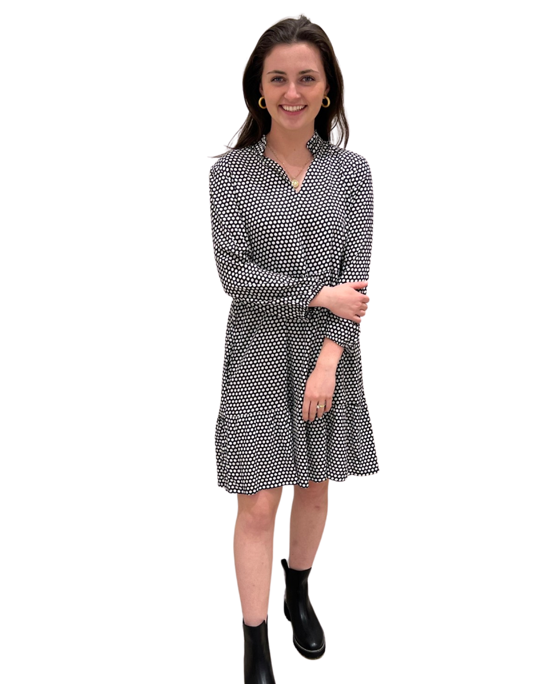 The Marnie Notch Neck Dress in Black and White Polka Dot — view 4