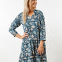 The Dahlia 3/4 Sleeve Block Print Cotton Dress in Navy and Beige Floral