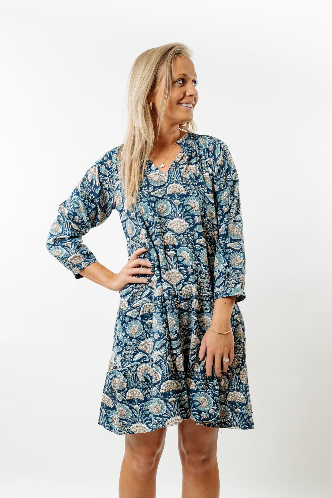 The Dahlia 3/4 Sleeve Block Print Cotton Dress in Navy and Beige Floral
