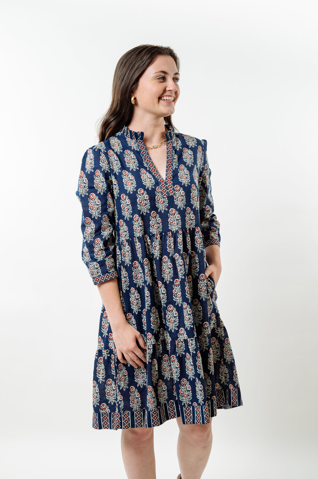 The Nina Cotton Block Print Dress in Navy and Cranberry