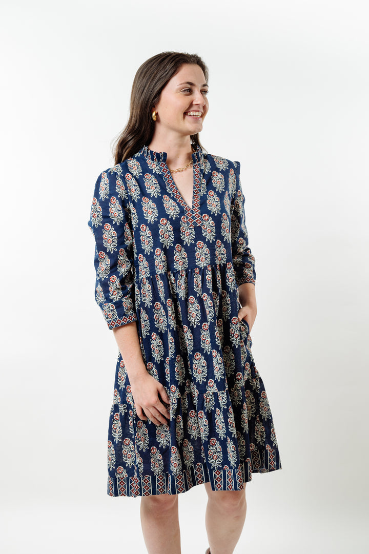 The Nina Cotton Block Print Dress in Navy and Cranberry