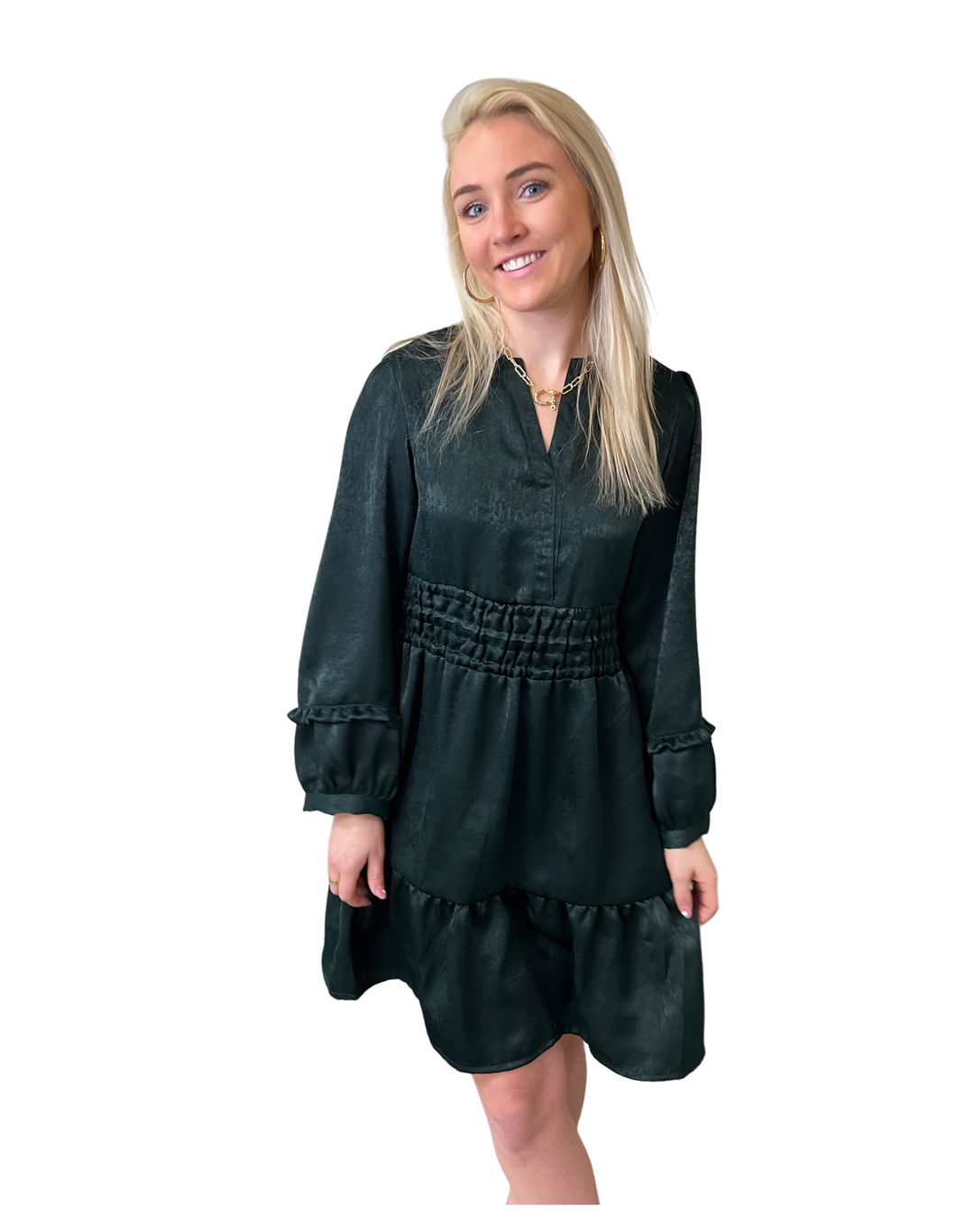 The Sydney Short Length Dress is Dark Green Sateen — view 5