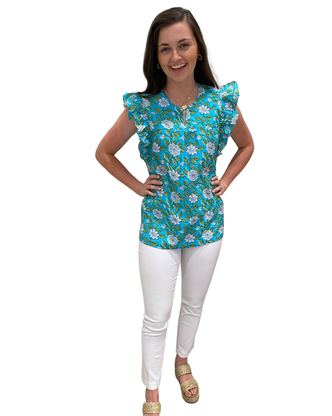 The Whitley Cotton Block Print Flutter Sleeve Top in Turquoise — view 3