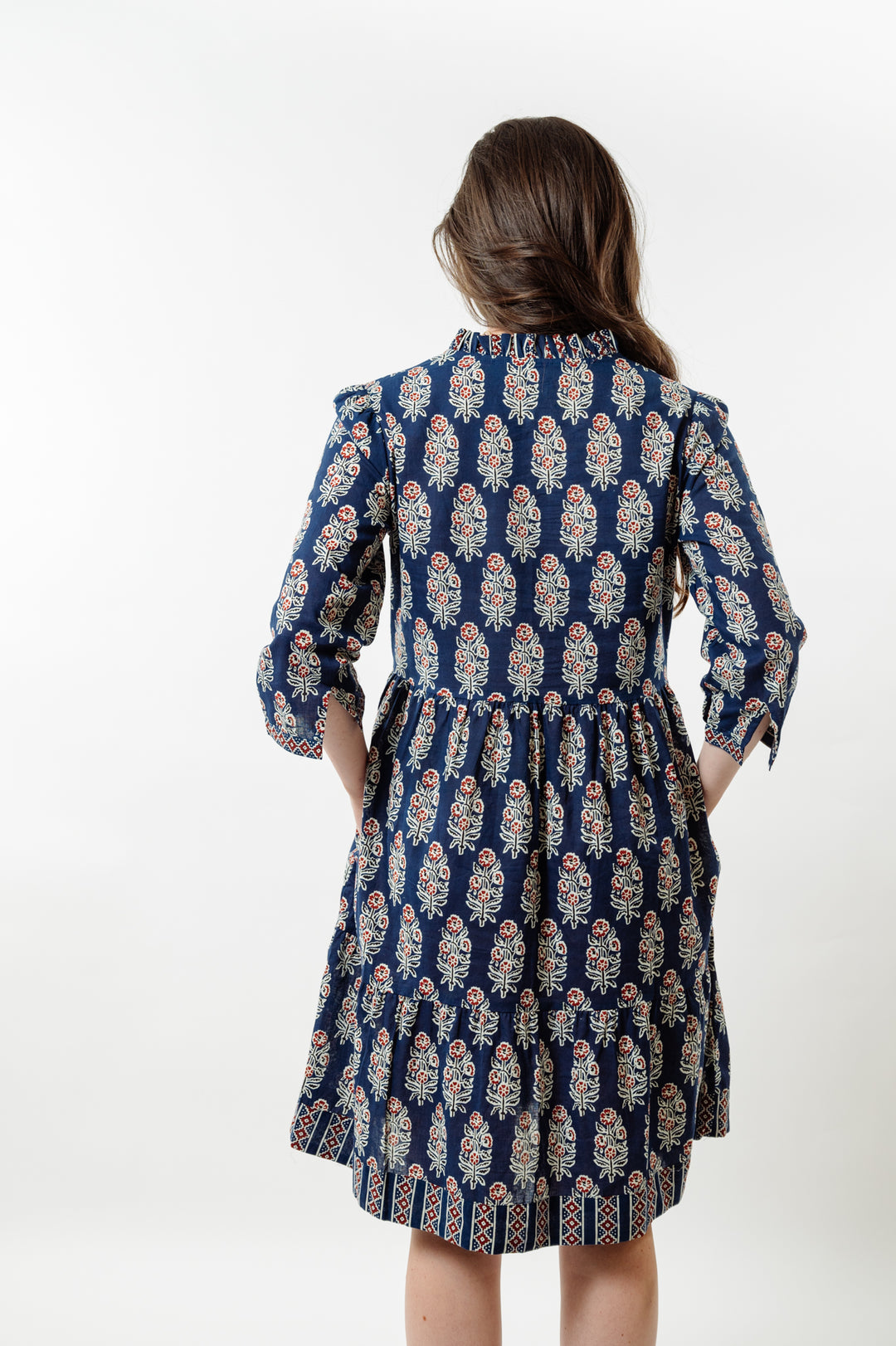 The Nina Cotton Block Print Dress in Navy and Cranberry — view 5