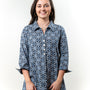 The Mason Button Back Top in Navy Blue with Blue and White Geometric Print