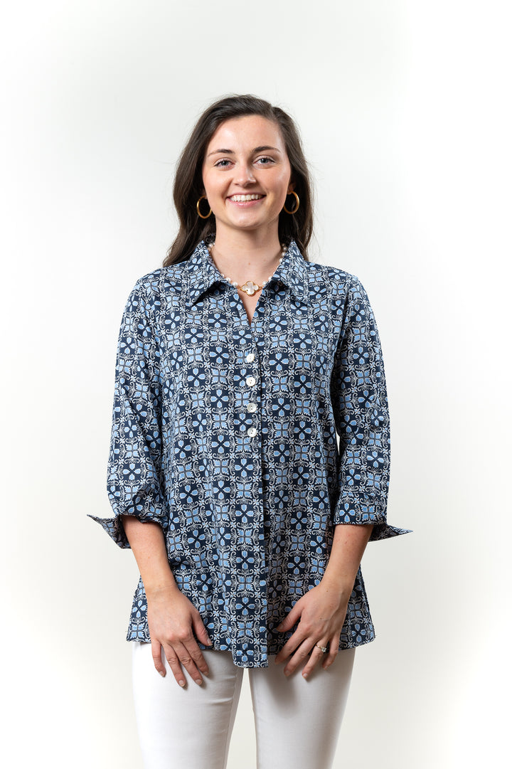 The Mason Button Back Top in Navy Blue with Blue and White Geometric Print