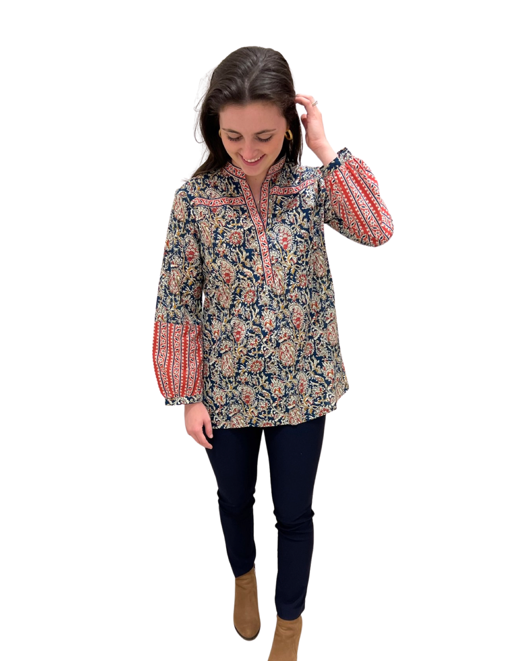 The Finley Block Print Top in Navy Multi — view 4
