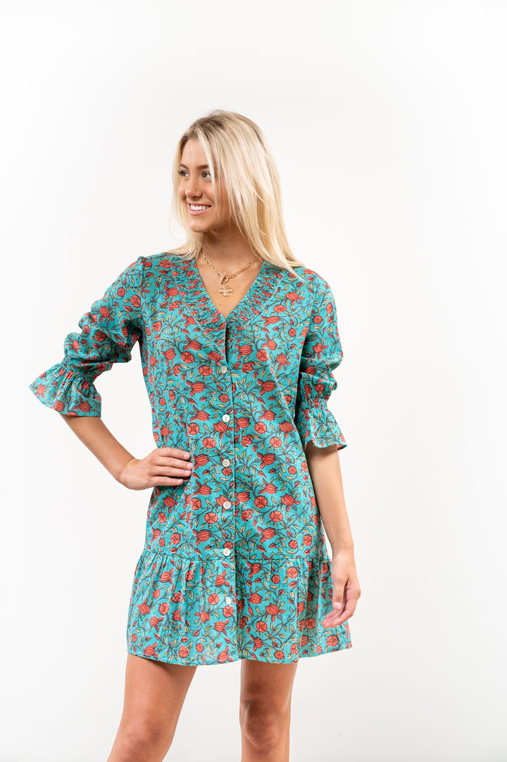 The Helena Jade Floral Cotton Button Front Smocking Detail Dress — view 3