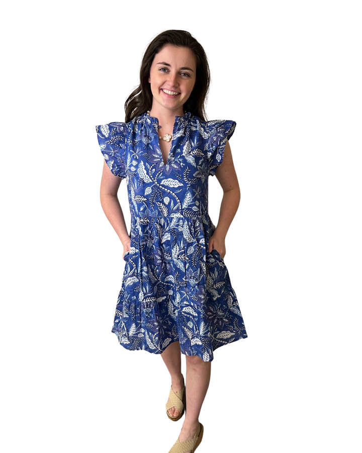 The Tinley Short Length Cotton Floral Block Print Dress in Brilliant Blue Floral — view 5