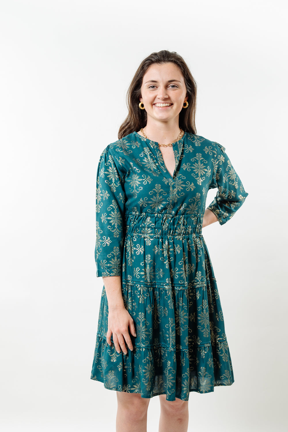 The Sydney Jade and Gold Cinch Waist Dress — view 2