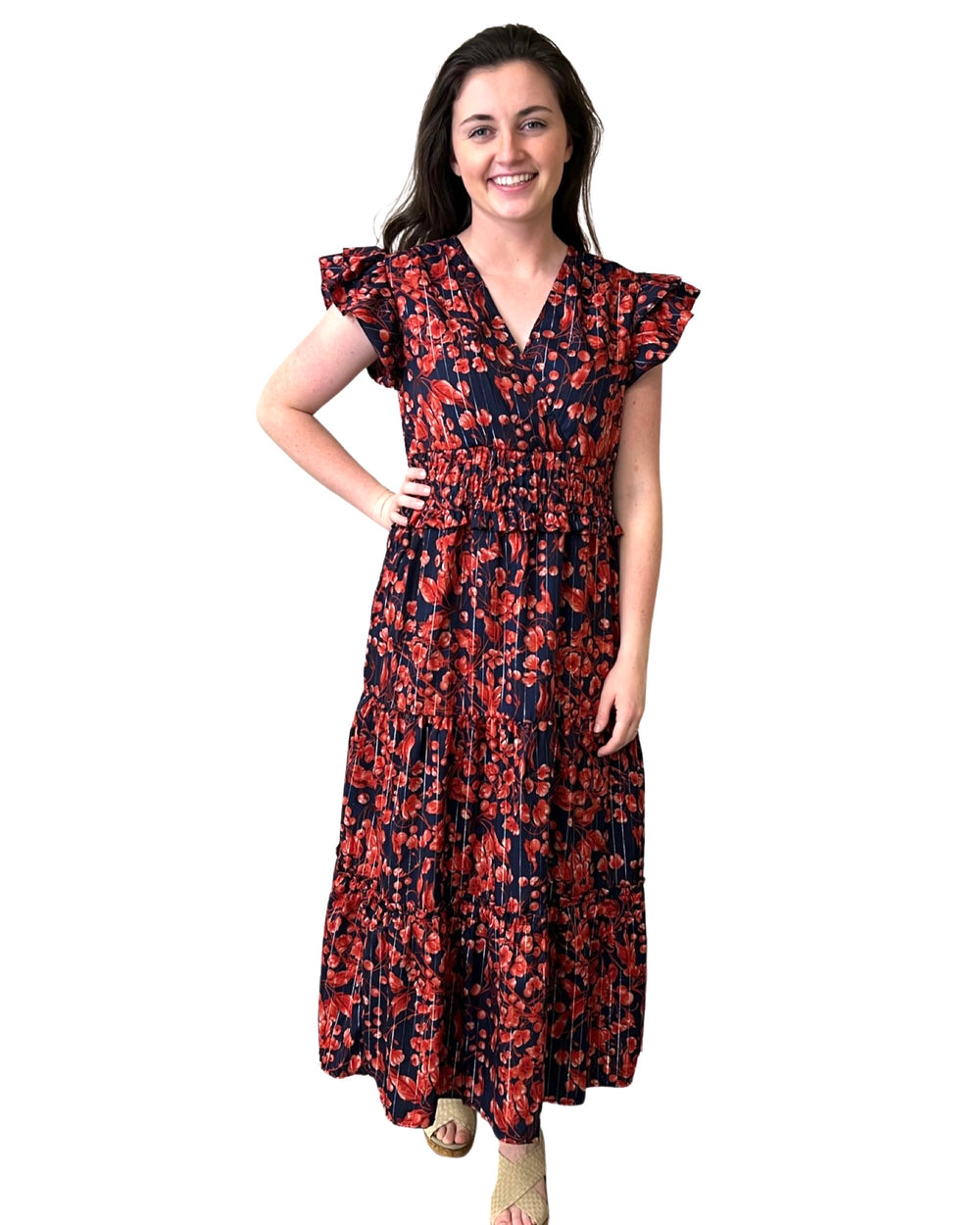 The Ryan Flutter Sleeve Dress in Navy and Red — view 2