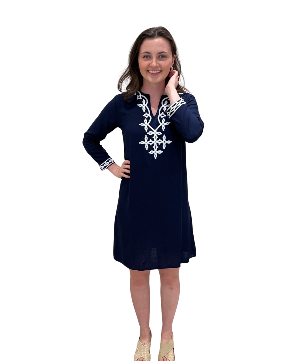 The Brie Embroidered Long Tunic  in Navy and White — view 2