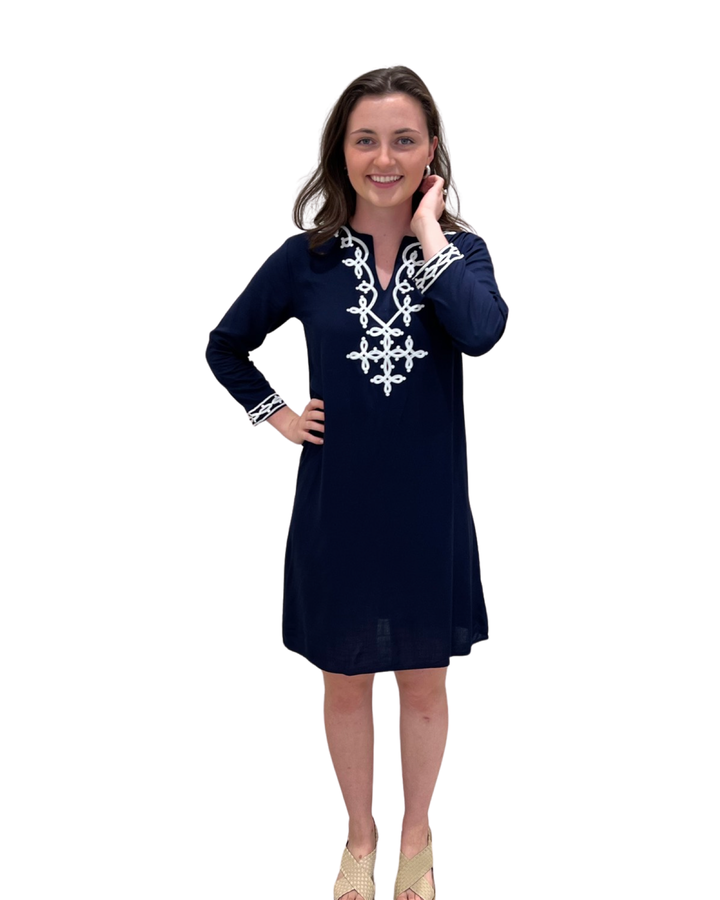 The Brie Embroidered Long Tunic  in Navy and White — view 2