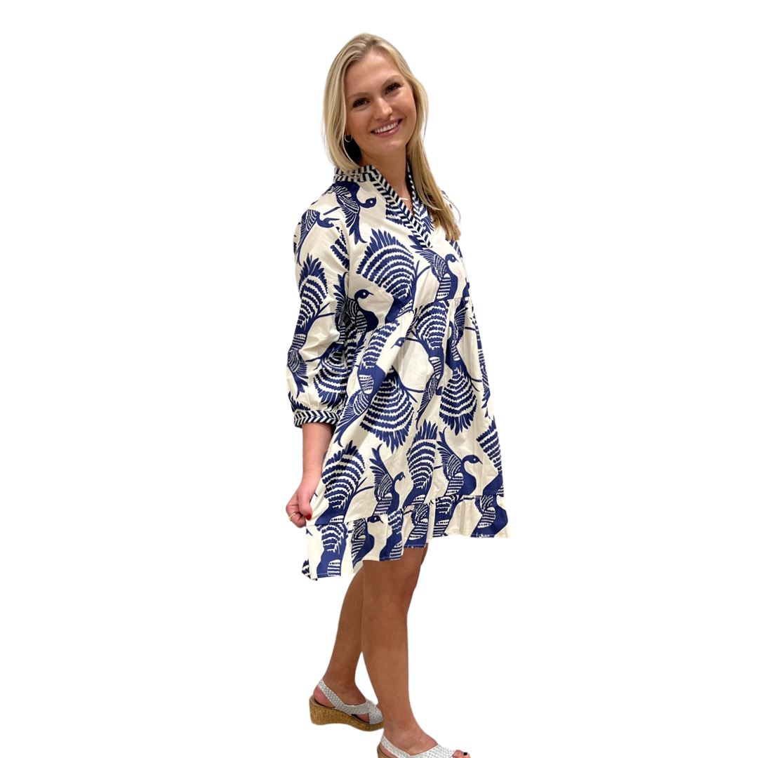 The Morley Bird Print Dress in Navy Blue — view 4