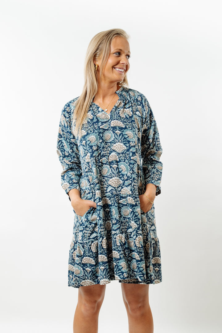 The Dahlia 3/4 Sleeve Block Print Cotton Dress in Navy and Beige Floral — view 4