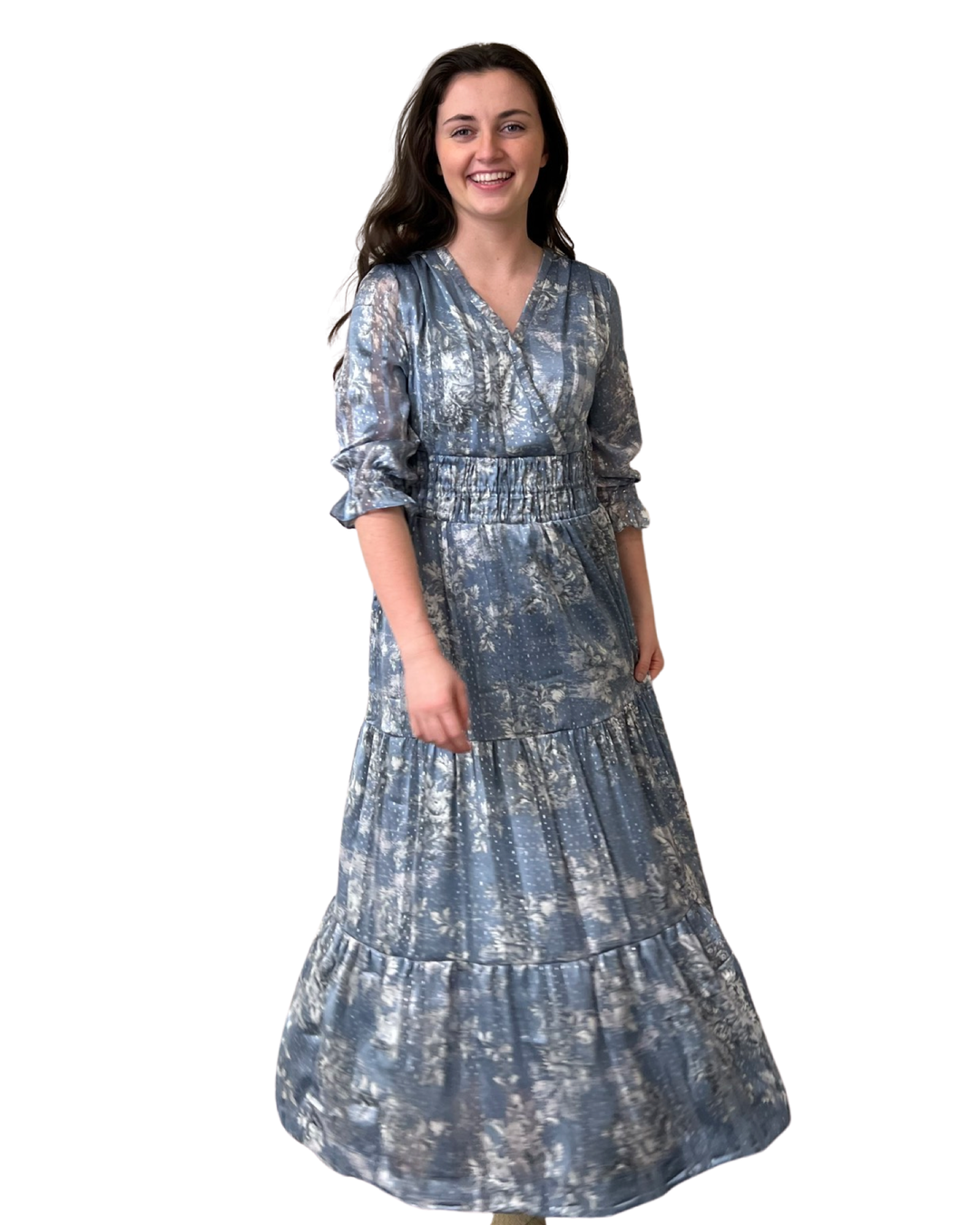 The Ryan Long Length Cinch Waist Dress in Cloud Blue — view 5