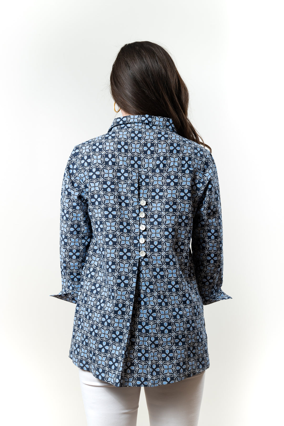 The Mason Button Back Top in Navy Blue with Blue and White Geometric Print — view 2