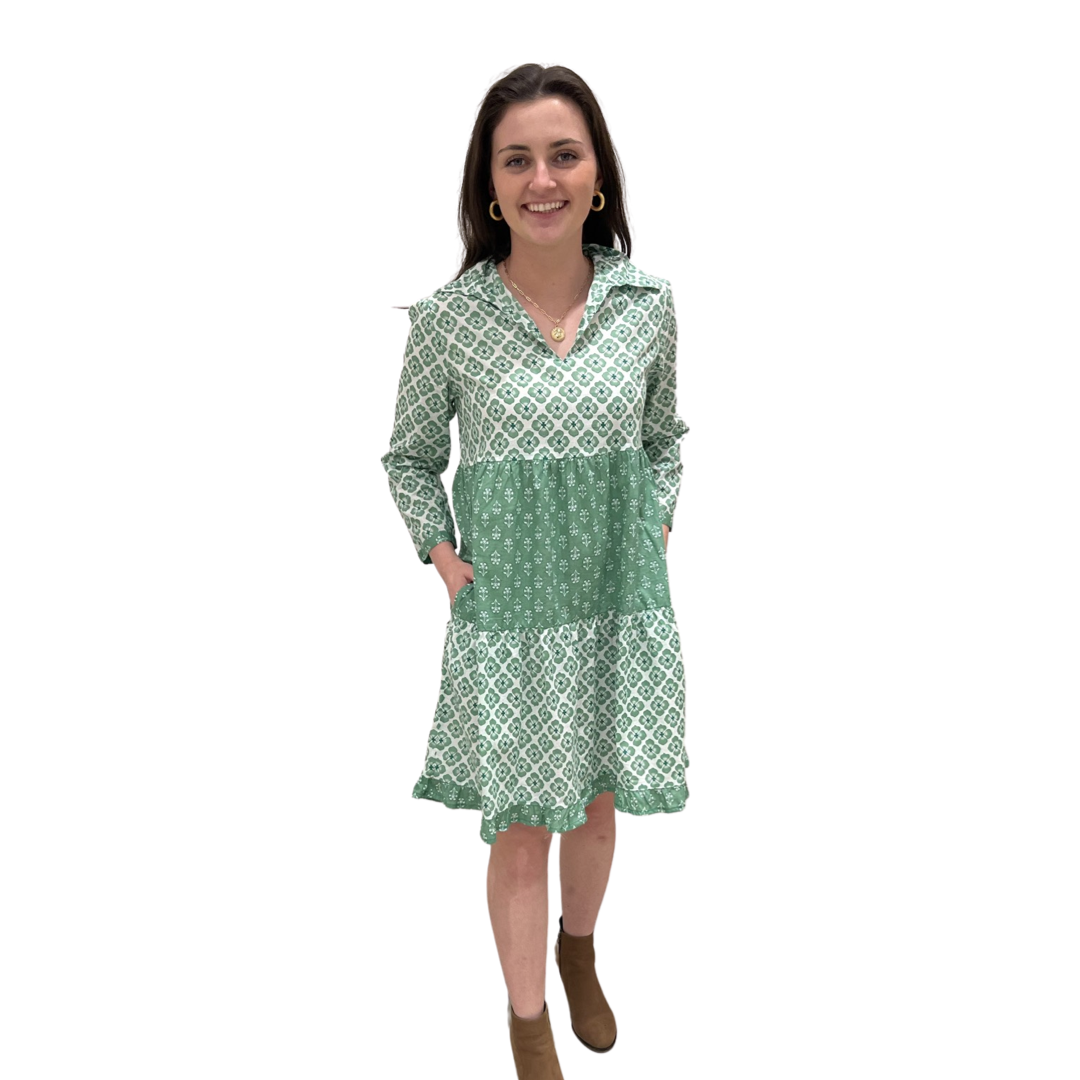 The Cali Cotton Block Print Dress in Jade Green and White — view 4