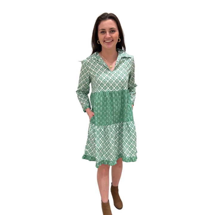 The Cali Cotton Block Print Dress in Jade Green and White — view 4