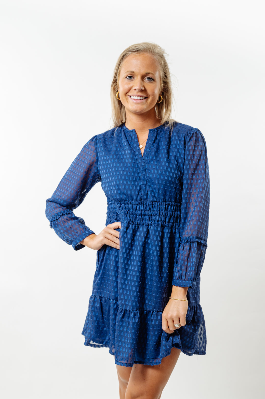 The Sydney Smocked Waist Dress in Royal Blue Dot
