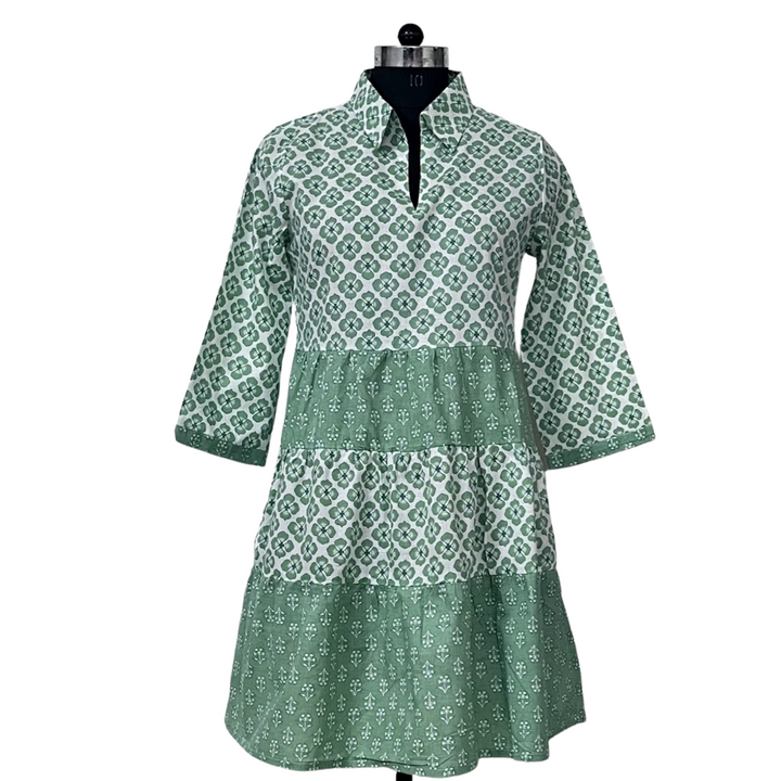 The Cali Cotton Block Print Dress in Jade Green and White — view 6