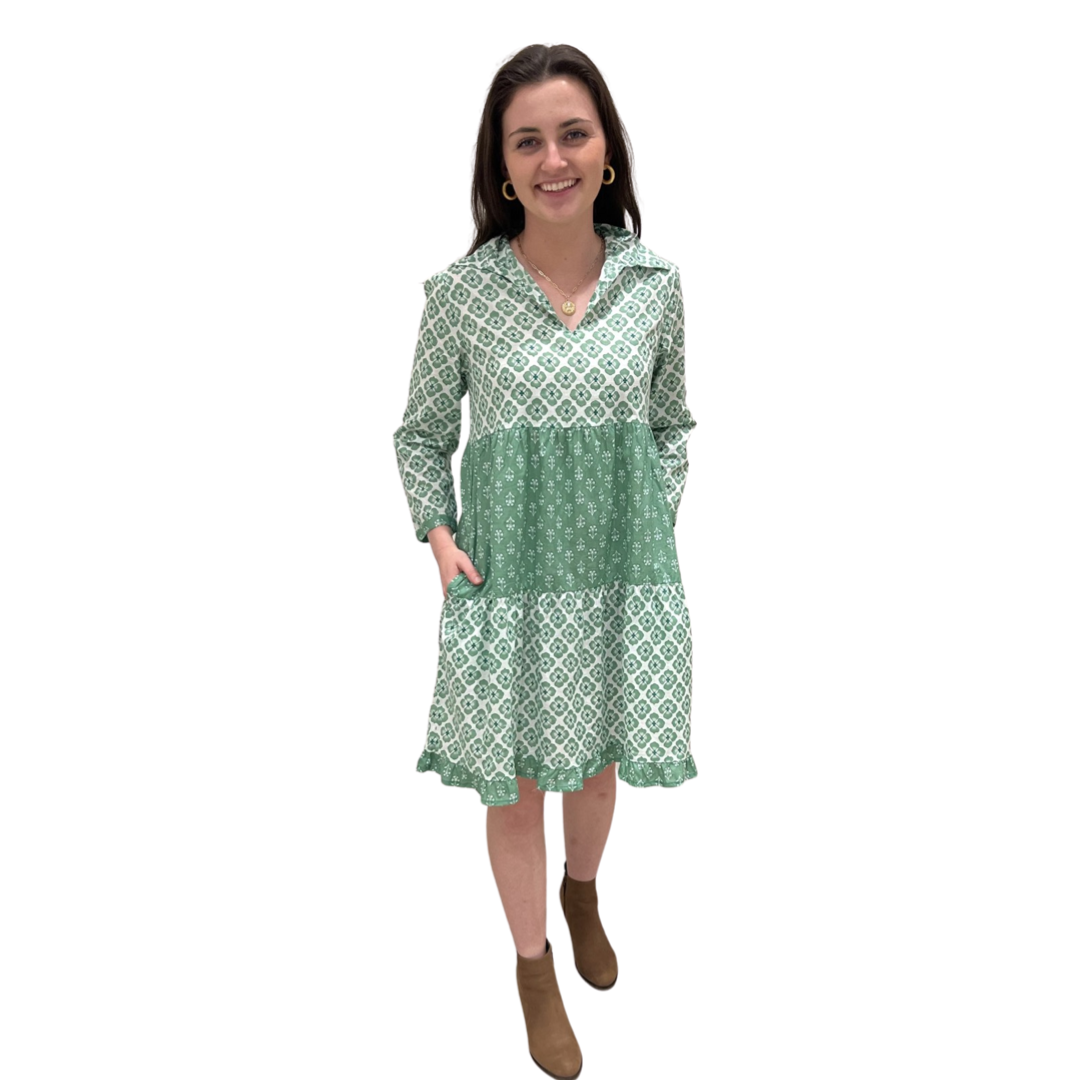 The Cali Cotton Block Print Dress in Jade Green and White — view 5