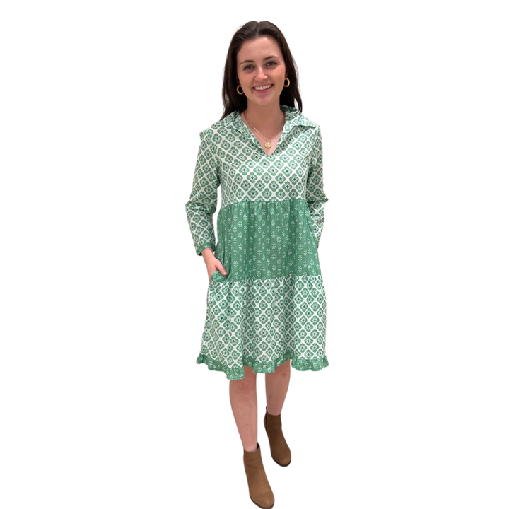 The Cali Cotton Block Print Dress in Jade Green and White — view 5