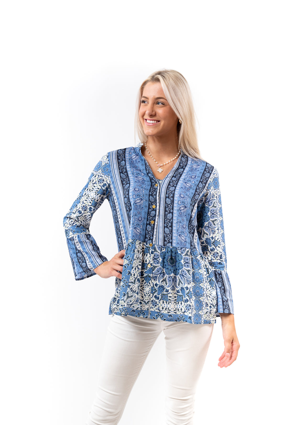 The Emma Button Front Tunic in Navy and White — view 2