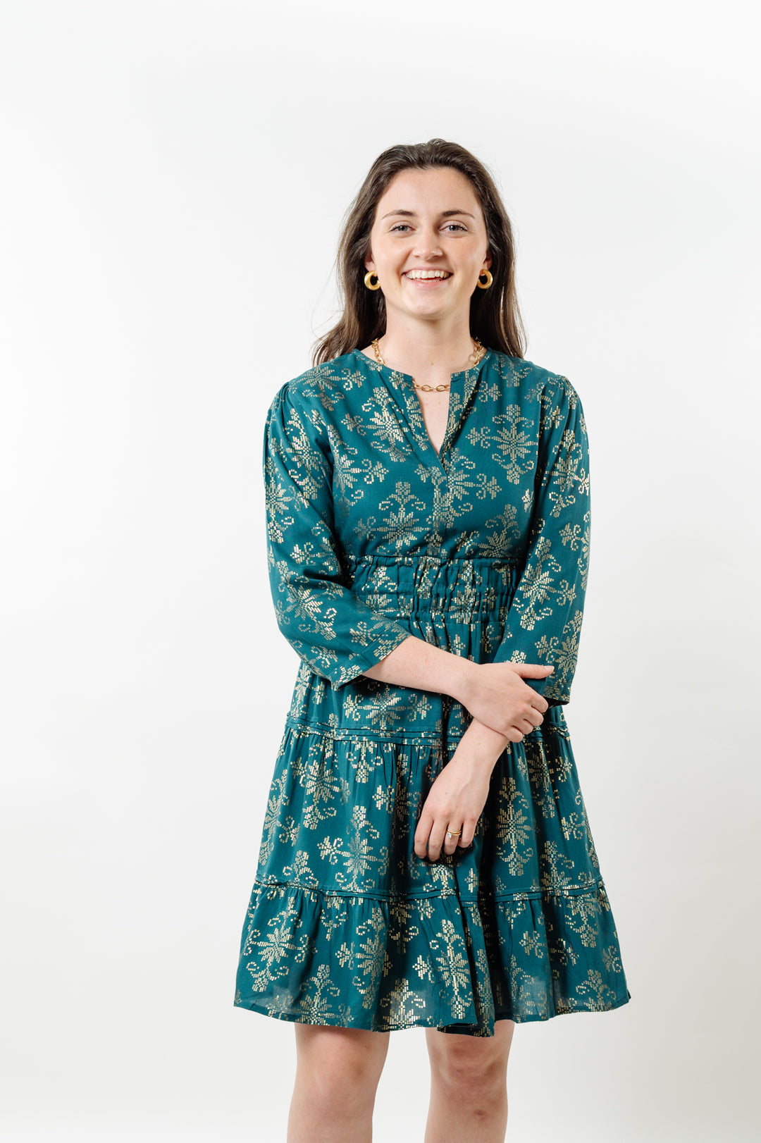 The Sydney Jade and Gold Cinch Waist Dress — view 4