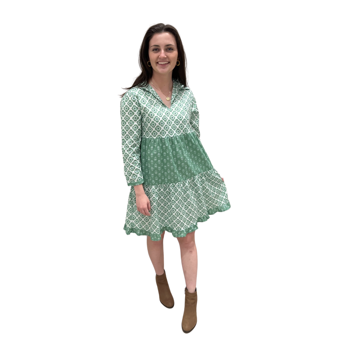 The Cali Cotton Block Print Dress in Jade Green and White — view 3
