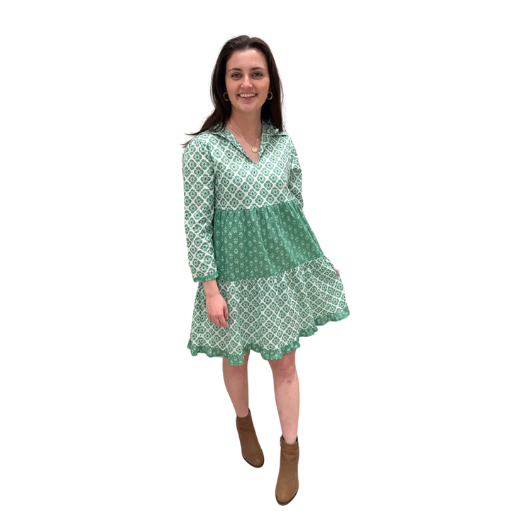 The Cali Cotton Block Print Dress in Jade Green and White — view 3