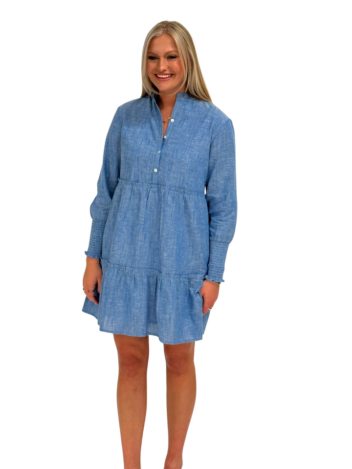 The Wesley Smocked Sleeve Dress in Chambray — view 3