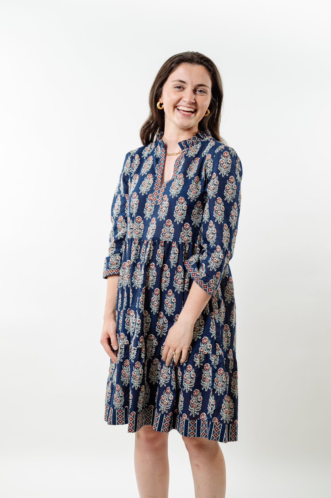 The Nina Cotton Block Print Dress in Navy and Cranberry — view 6