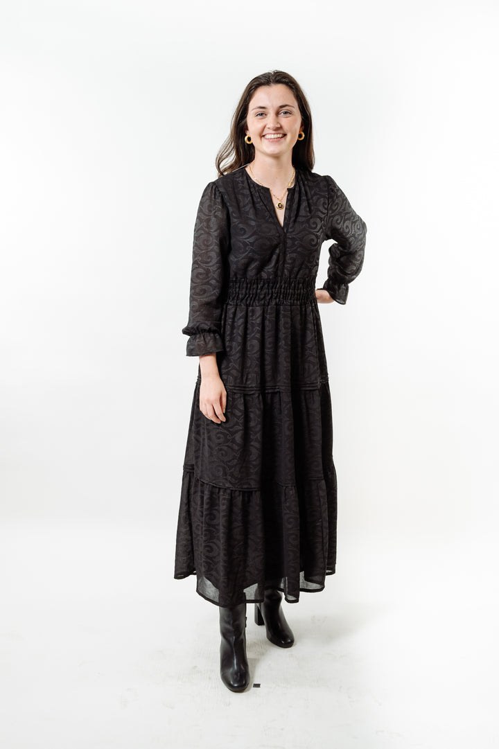 The Long Length Sydney Dress in Midnight Black Scroll — view 7