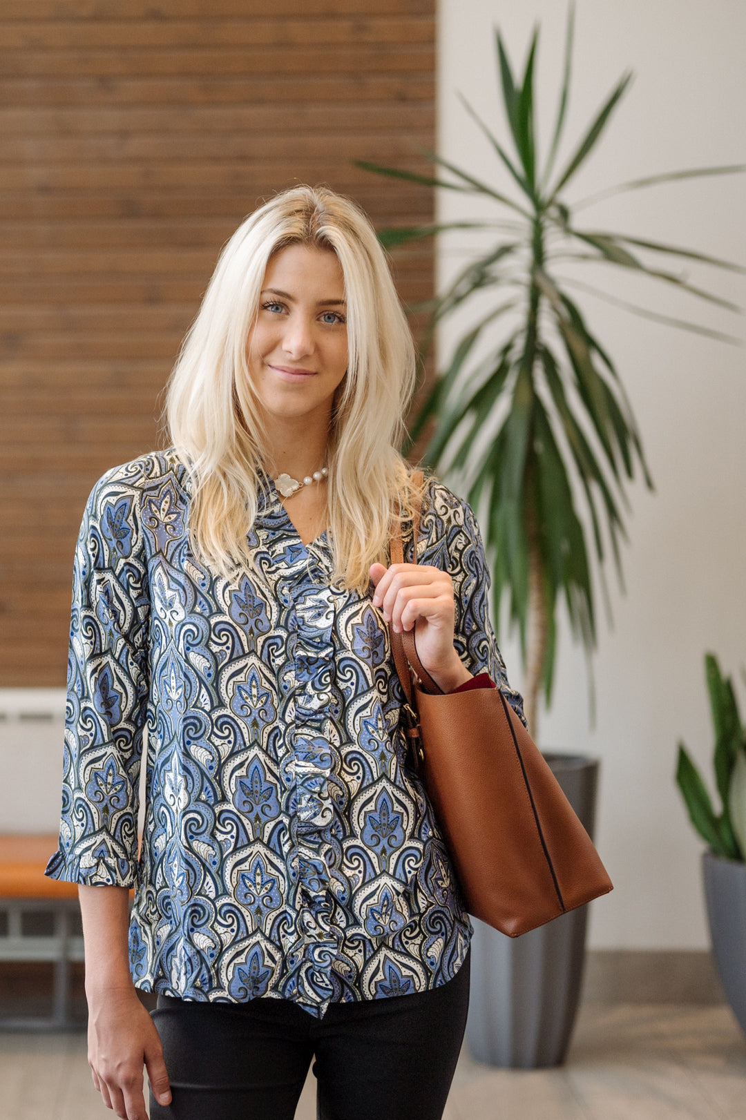 The Bessie Ruffle Front Blouse in Blue Multi Pattern — view 6