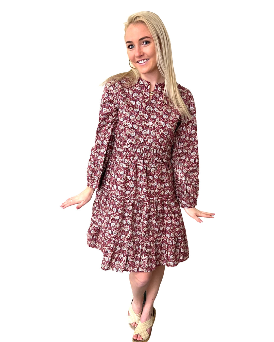 The Sydney Short Length Cinch Waist Dress in Cranberry Lurex Floral — view 5