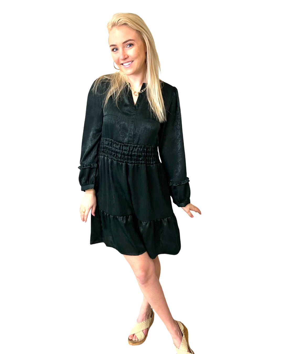 The Sydney Short Length Dress is Dark Green Sateen — view 3