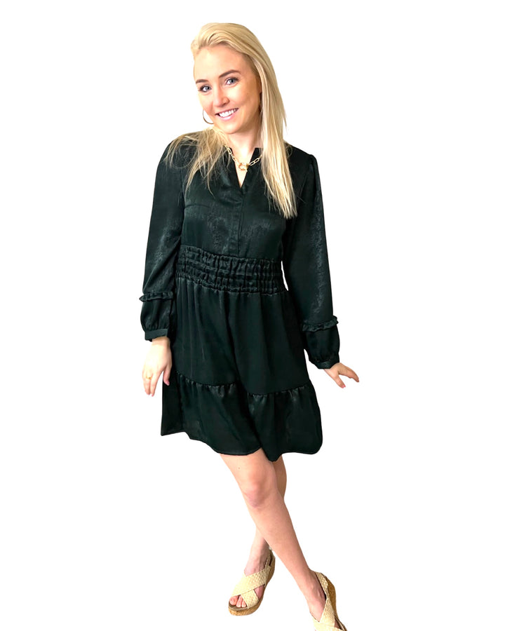 The Sydney Short Length Dress is Dark Green Sateen — view 3
