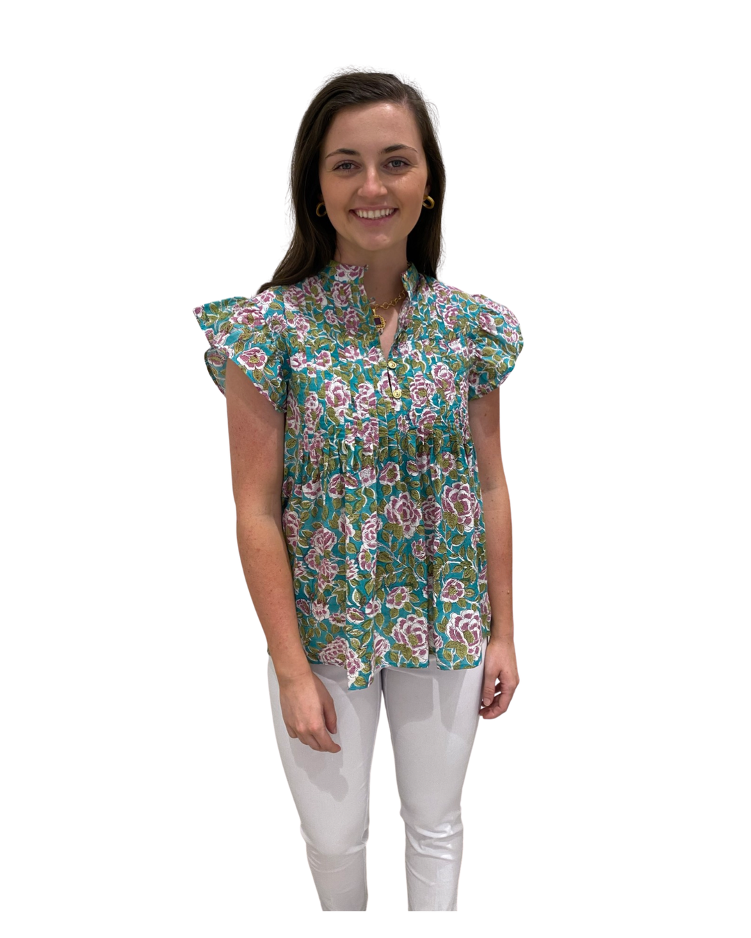 The Ava Button Front Pintuck Cotton Top in Emerald Handblock — view 5