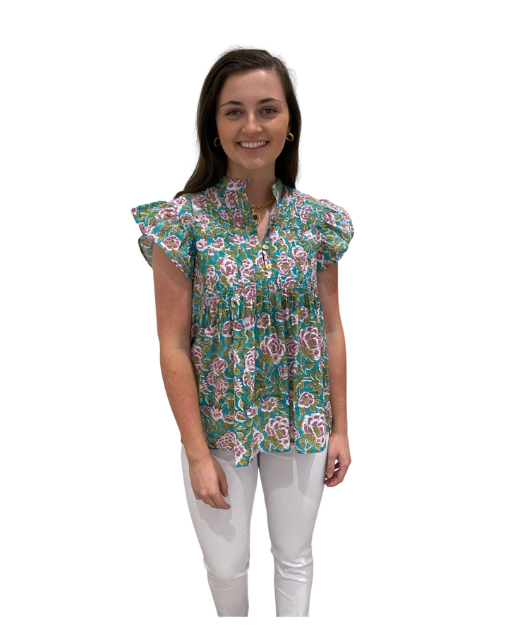 The Ava Button Front Pintuck Cotton Top in Emerald Handblock — view 5