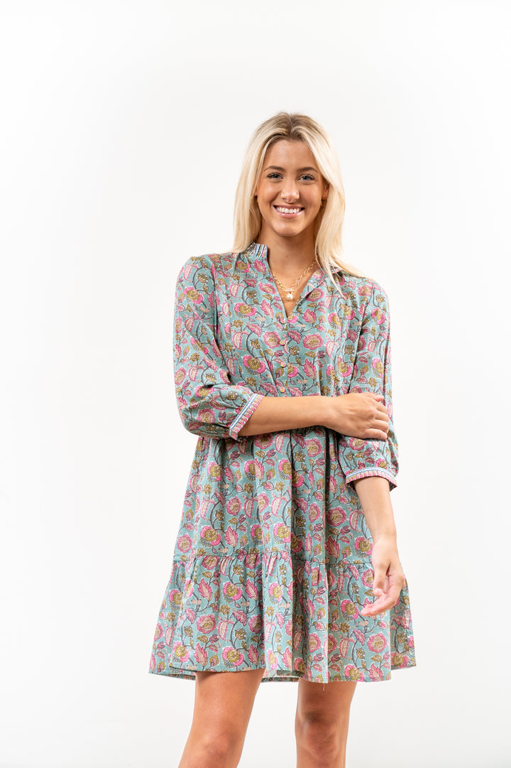 The Genevieve Cotton Block Print Dress in Pink and Green Floral — view 5