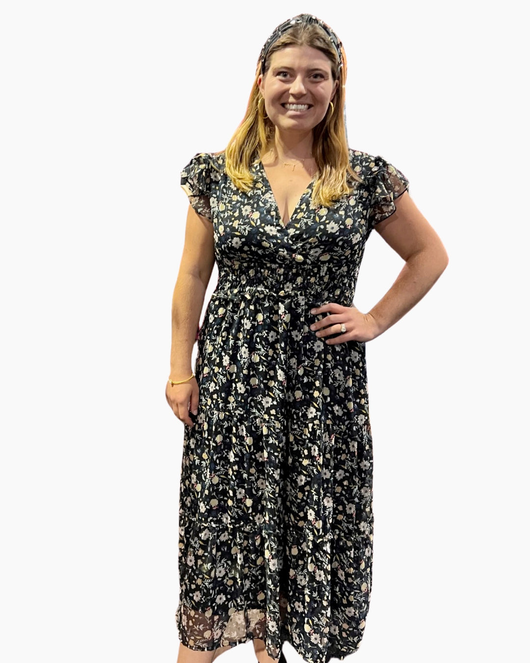 The Ryan Flutter Sleeve Floral Chiffon Dress — view 4