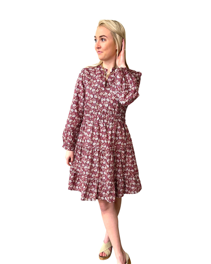 The Sydney Short Length Cinch Waist Dress in Cranberry Lurex Floral — view 4