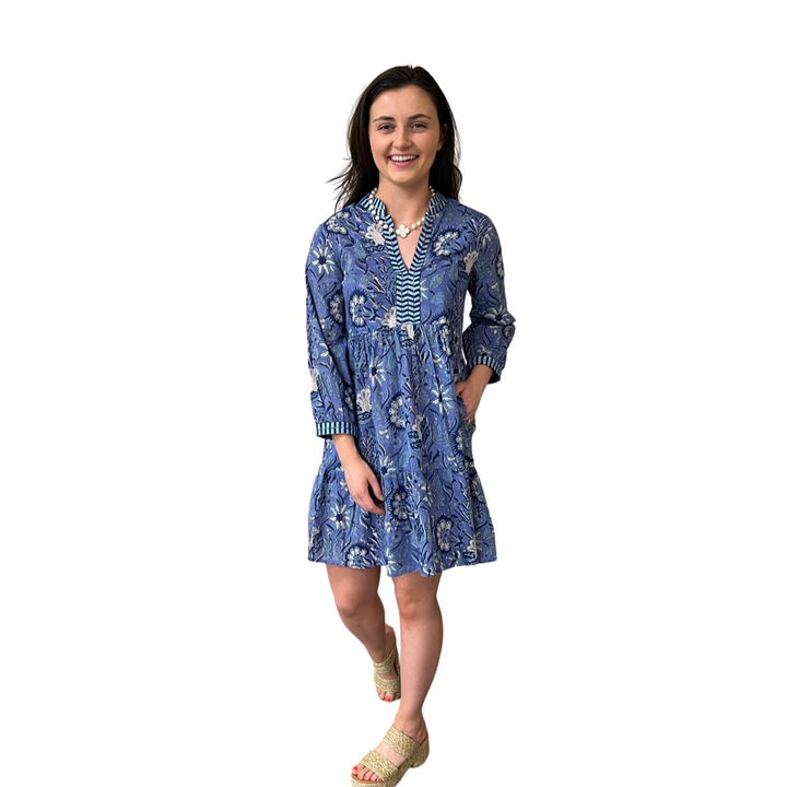 The Naomi Cotton Block Print Dress in Navy Floral — view 2