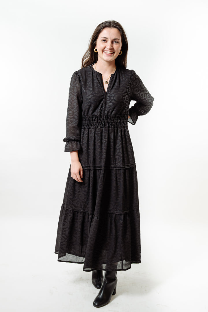 The Long Length Sydney Dress in Midnight Black Scroll — view 6