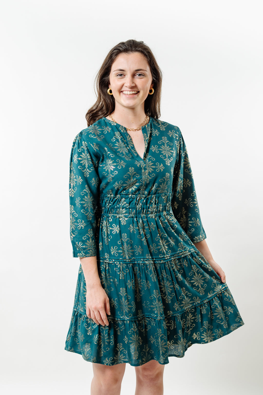 The Sydney Jade and Gold Cinch Waist Dress — view 6